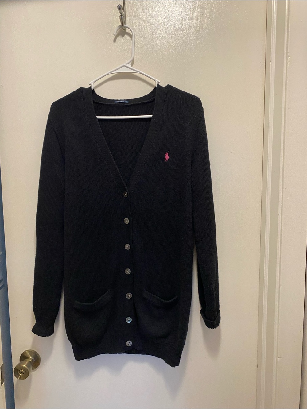 Polo by Ralph Lauren Black Button-Up V-Neck Cardigan with Pink Logo